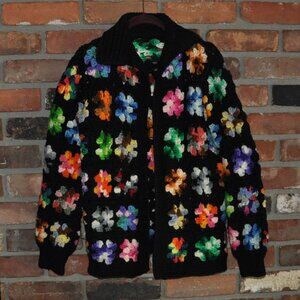Vintage Handmade Crochet Granny Square Cardigan Upcycled Multicolor Afghan M